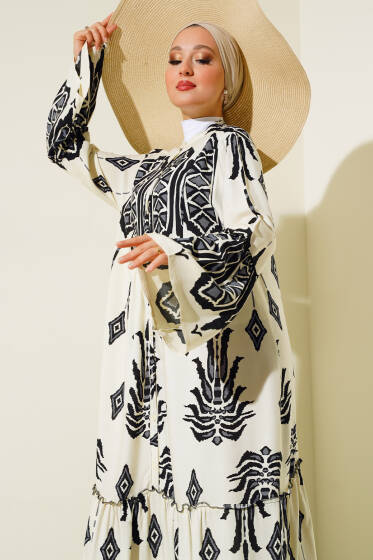 Desenli Düğmeli Kat Elbise Ekru Siyah - Elbise