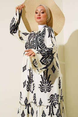 Desenli Düğmeli Kat Elbise Ekru Siyah - YÖNE TEKSTİL