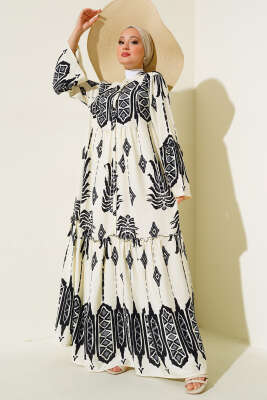 Desenli Düğmeli Kat Elbise Ekru Siyah - Tesettür Elbise