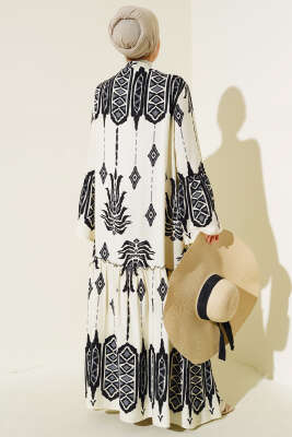 Desenli Düğmeli Kat Elbise Ekru Siyah - Tesettür Elbise