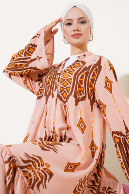 Desenli Düğmeli Kat Elbise Gül Kurusu - Tesettür Elbise