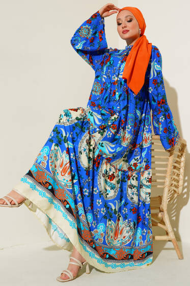 Desenli Düğmeli Kat Elbise Saks - Elbise