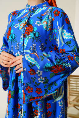 Desenli Düğmeli Kat Elbise Saks - Tesettür Elbise