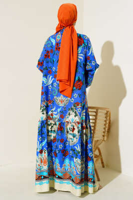 Desenli Düğmeli Kat Elbise Saks - Tesettür Elbise