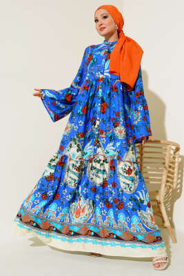 Desenli Düğmeli Kat Elbise Saks - Tesettür Elbise