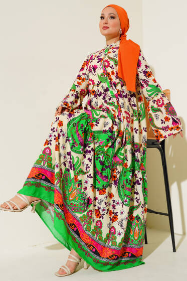 Desenli Düğmeli Kat Elbise Siyah Ekru Mor - Elbise