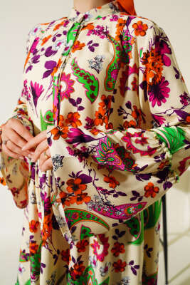 Desenli Düğmeli Kat Elbise Siyah Ekru Mor - Tesettür Elbise