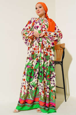 Desenli Düğmeli Kat Elbise Siyah Ekru Mor - Tesettür Elbise