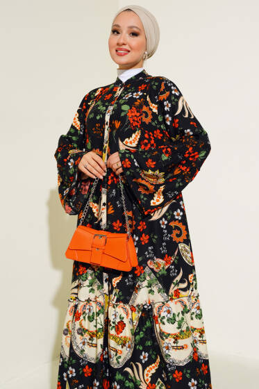 Desenli Düğmeli Kat Elbise Siyah Oranj - Elbise