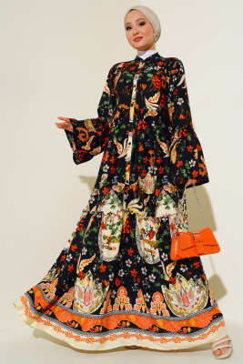 Desenli Düğmeli Kat Elbise Siyah Oranj - Tesettür Elbise
