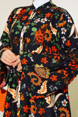 Desenli Düğmeli Kat Elbise Siyah Oranj - Tesettür Elbise