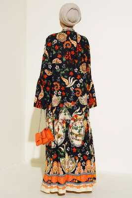 Desenli Düğmeli Kat Elbise Siyah Oranj - Tesettür Elbise