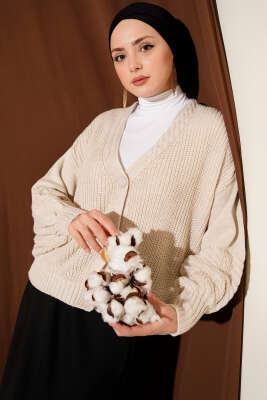 Desenli Düğmeli Kısa Triko Hırka Bej - RAFİMİX