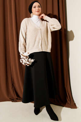 Desenli Düğmeli Kısa Triko Hırka Bej - Hırka