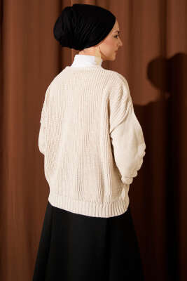 Desenli Düğmeli Kısa Triko Hırka Bej - Hırka