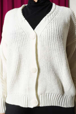 Desenli Düğmeli Kısa Triko Hırka Ekru - Yılın Fırsatı