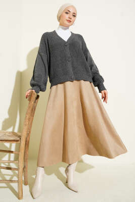 Desenli Düğmeli Kısa Triko Hırka Füme - Yılın Fırsatı