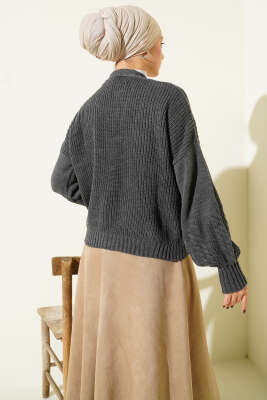 Desenli Düğmeli Kısa Triko Hırka Füme - Yılın Fırsatı