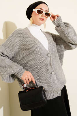 Desenli Düğmeli Kısa Triko Hırka Gri - RAFİMİX