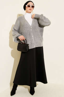 Desenli Düğmeli Kısa Triko Hırka Gri - Hırka