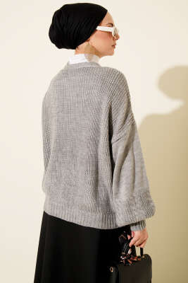 Desenli Düğmeli Kısa Triko Hırka Gri - Hırka