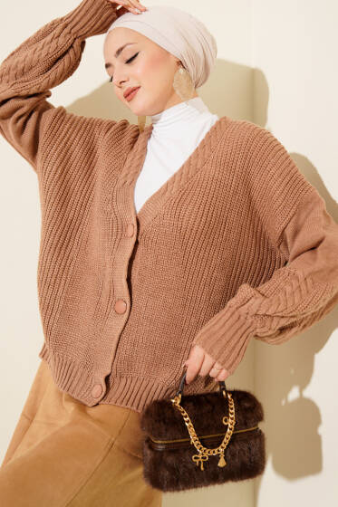 Desenli Düğmeli Kısa Triko Hırka Gül Kurusu - Hırka