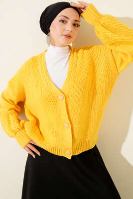 Desenli Düğmeli Kısa Triko Hırka Hardal - RAFİMİX