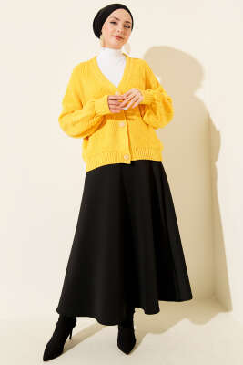 Desenli Düğmeli Kısa Triko Hırka Hardal - Hırka