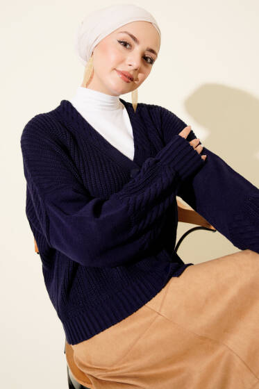 Desenli Düğmeli Kısa Triko Hırka Lacivert - Hırka