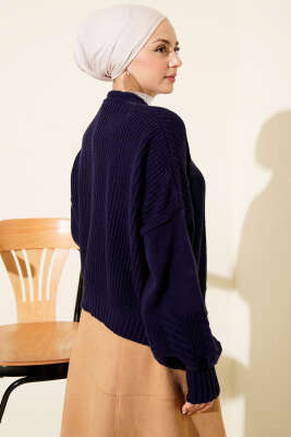 Desenli Düğmeli Kısa Triko Hırka Lacivert - Hırka