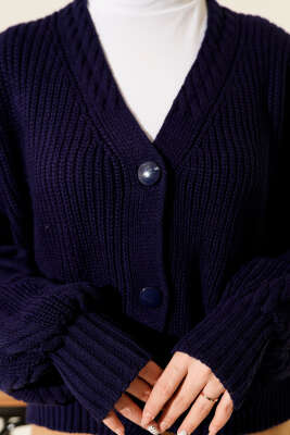 Desenli Düğmeli Kısa Triko Hırka Lacivert - Hırka