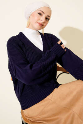 Desenli Düğmeli Kısa Triko Hırka Lacivert 