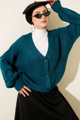 Desenli Düğmeli Kısa Triko Hırka Petrol - RAFİMİX