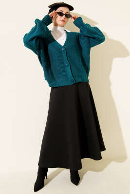 Desenli Düğmeli Kısa Triko Hırka Petrol - Hırka