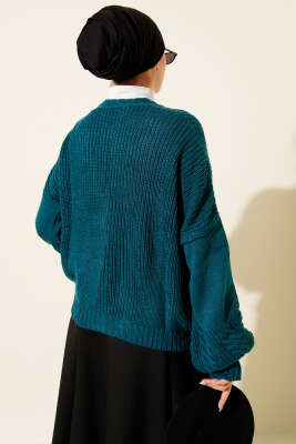 Desenli Düğmeli Kısa Triko Hırka Petrol - Hırka