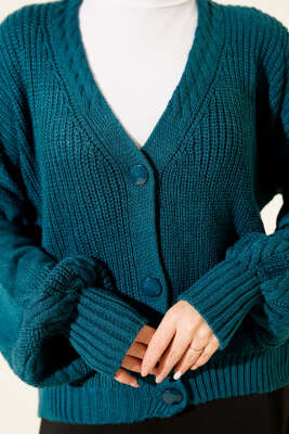 Desenli Düğmeli Kısa Triko Hırka Petrol - Hırka