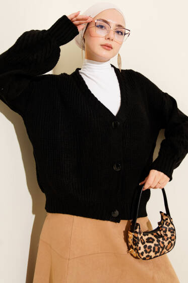 Desenli Düğmeli Kısa Triko Hırka Siyah - Yılın Fırsatı