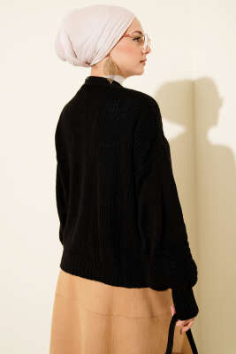 Desenli Düğmeli Kısa Triko Hırka Siyah - Yılın Fırsatı