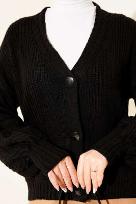 Desenli Düğmeli Kısa Triko Hırka Siyah - Yılın Fırsatı