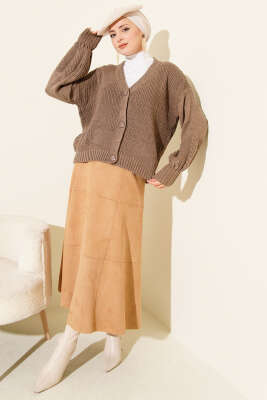 Desenli Düğmeli Kısa Triko Hırka Vizon - Hırka