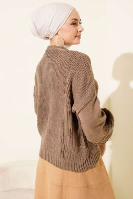 Desenli Düğmeli Kısa Triko Hırka Vizon - Hırka