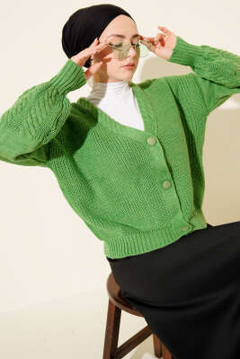 Desenli Düğmeli Kısa Triko Hırka Yeşil - RAFİMİX