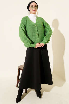 Desenli Düğmeli Kısa Triko Hırka Yeşil - Hırka