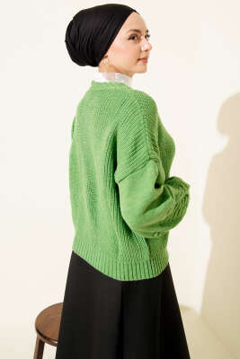 Desenli Düğmeli Kısa Triko Hırka Yeşil - Hırka