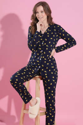Desenli Düğmeli Süet Pijama Takımı Lacivert - Pijama