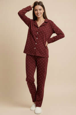 Desenli Düğmeli Süet Pijama Takımı Bordo Puanlı - Pijama