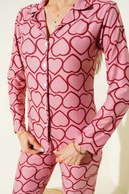 Desenli Düğmeli Süet Pijama Takımı Gül Kurusu - Pijama