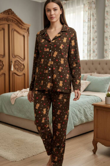 Desenli Düğmeli Süet Pijama Takımı Kahve - Pijama