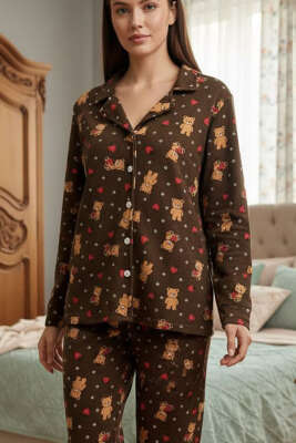 Desenli Düğmeli Süet Pijama Takımı Kahve - Pijama