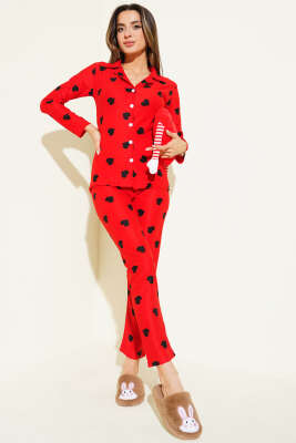Desenli Düğmeli Süet Pijama Takımı Kırmızı - HEPYEK BASIC